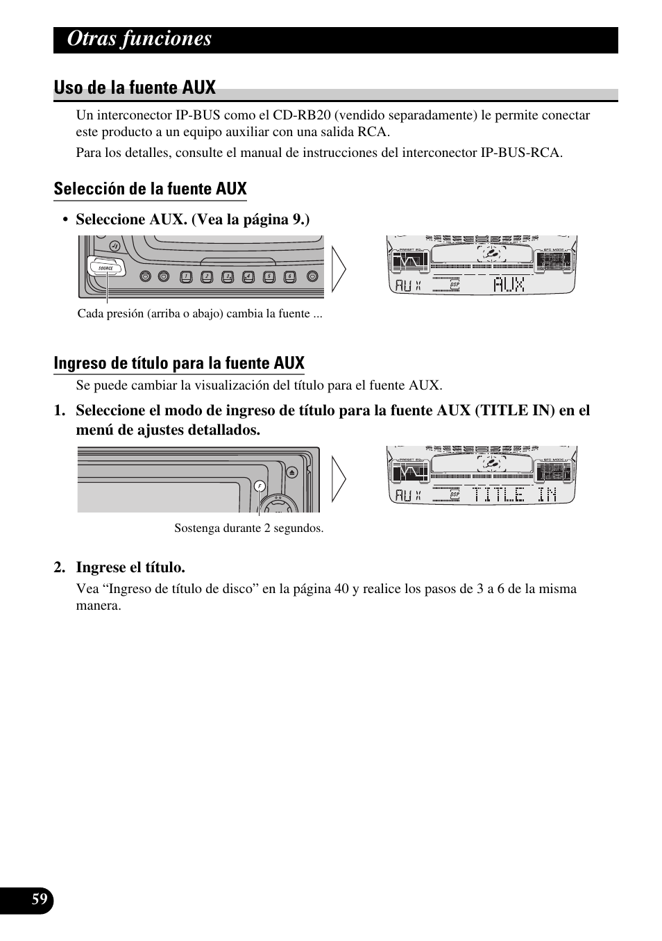 Uso de la fuente aux, Selección de la fuente aux, Ingreso de título para la fuente aux | Otras funciones | Pioneer FH-P6600R User Manual | Page 184 / 188