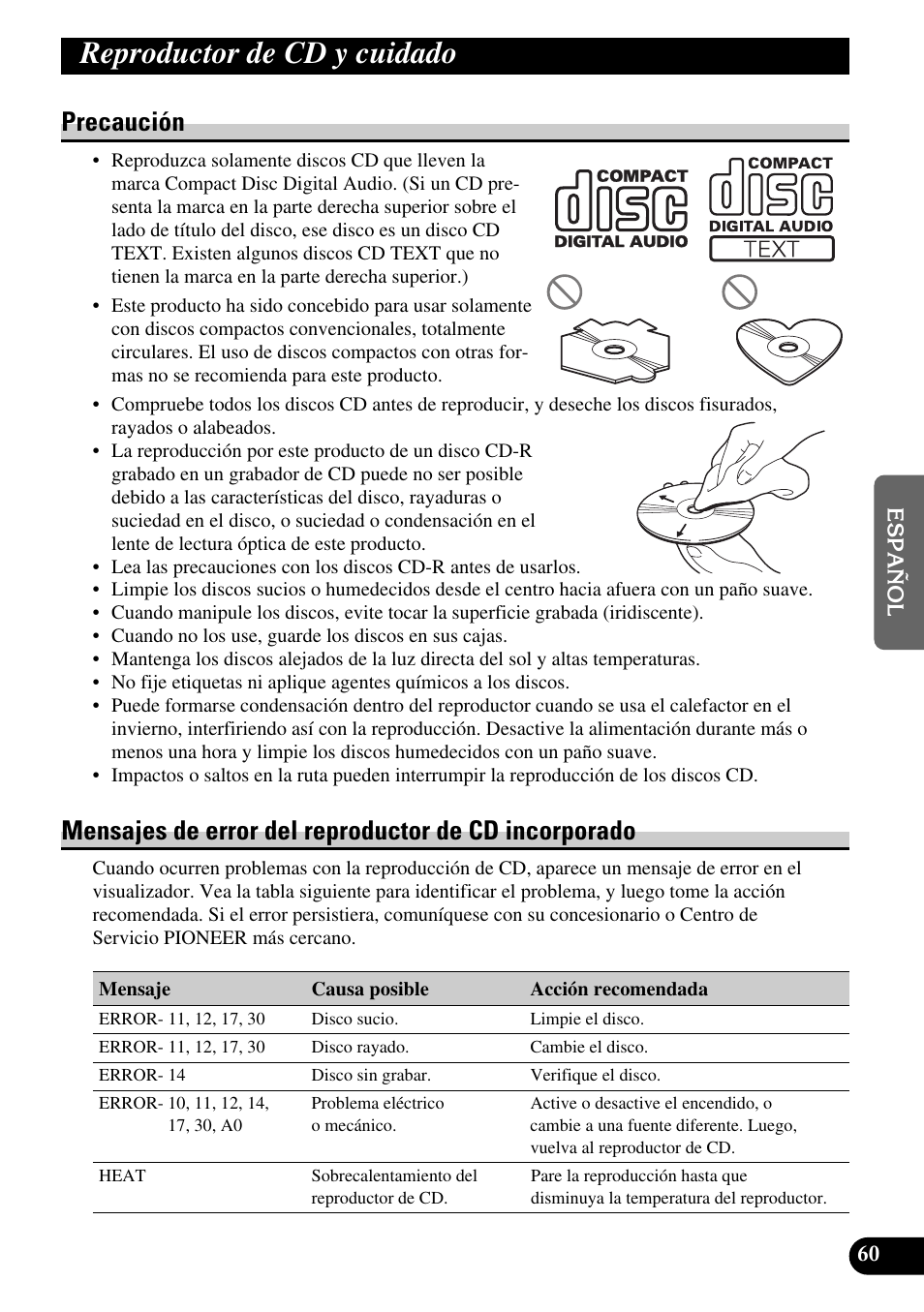 Reproductor de cd y cuidado, Precaución mensajes de error del reproductor de, Cd incorporado | A title (english), Precaución | Pioneer FH-P6600R User Manual | Page 185 / 188