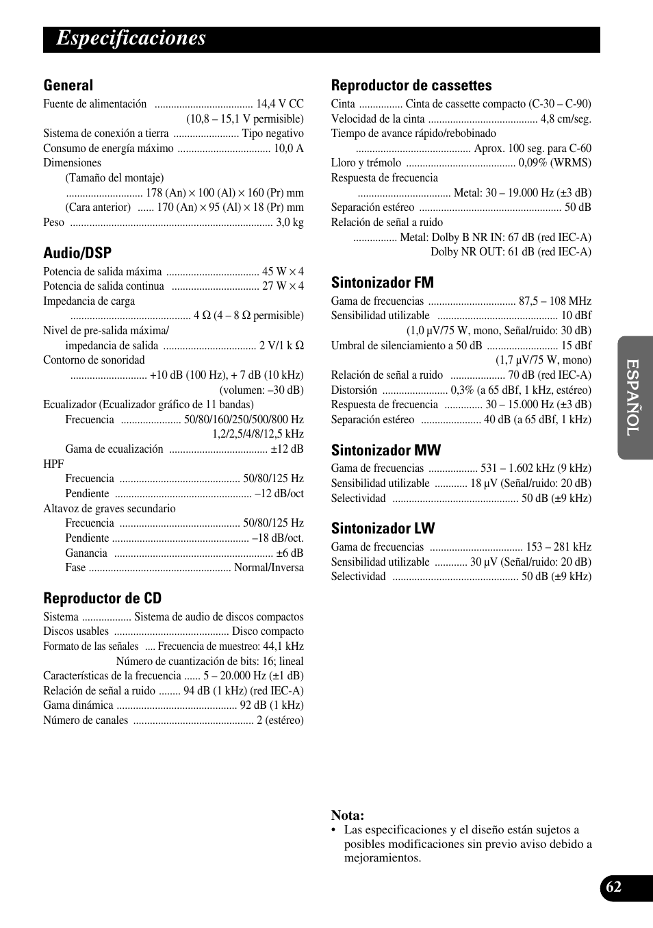 Especificaciones | Pioneer FH-P6600R User Manual | Page 187 / 188