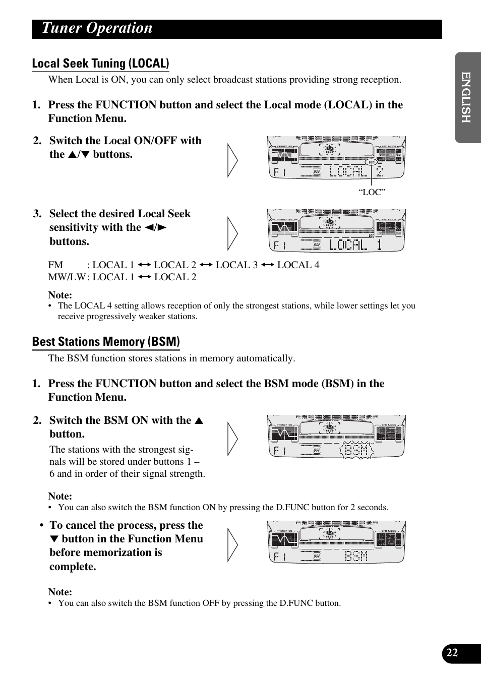 Tuner operation, Local seek tuning (local), Best stations memory (bsm) | Pioneer FH-P6600R User Manual | Page 23 / 188