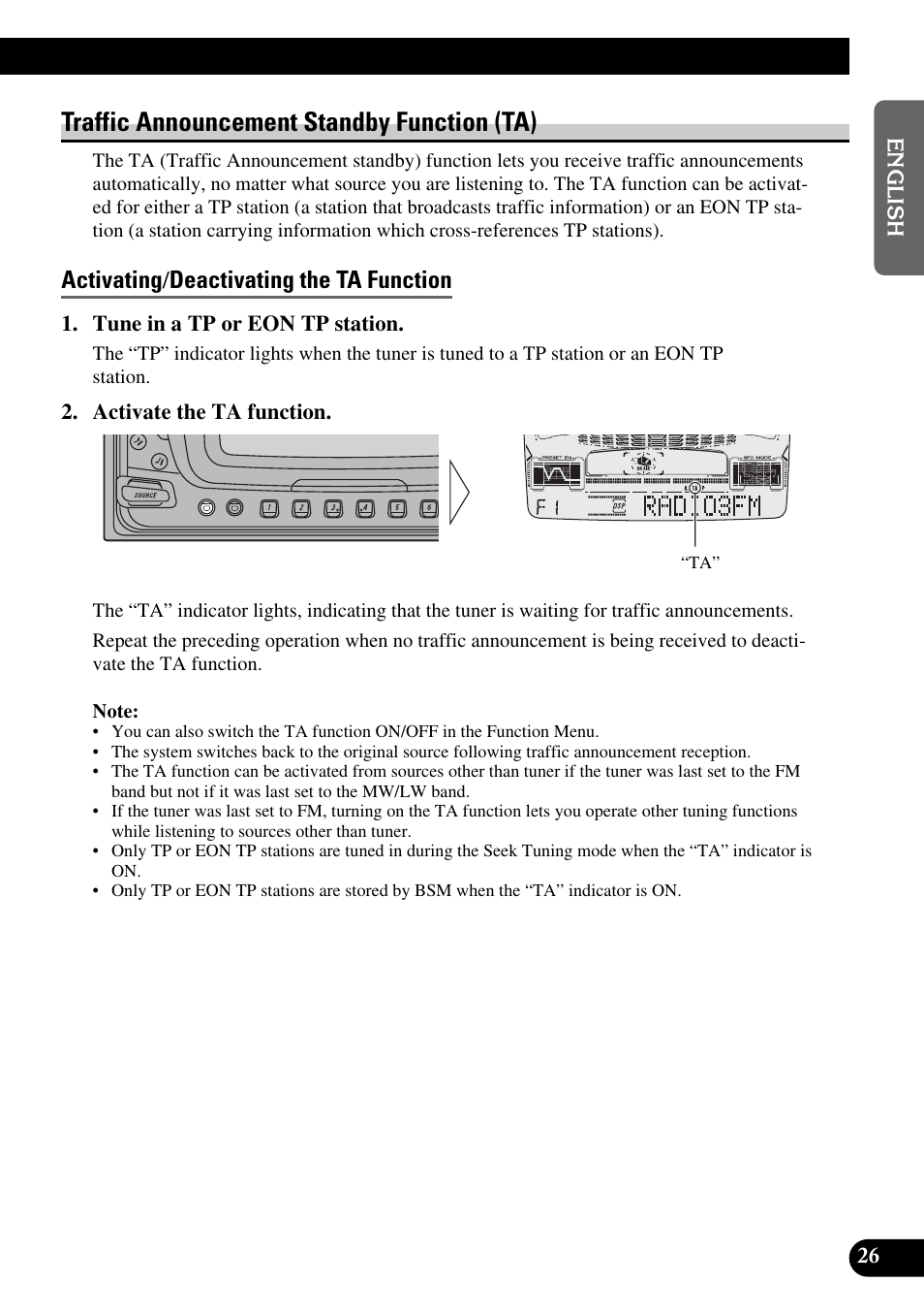 Traffic announcement standby function, Activating/deactivating the ta function, Canceling traffic announcements | Adjusting the ta volume, Tp alarm function, A title (english), Traffic announcement standby function (ta), Activating / deactivating the ta function | Pioneer FH-P6600R User Manual | Page 27 / 188