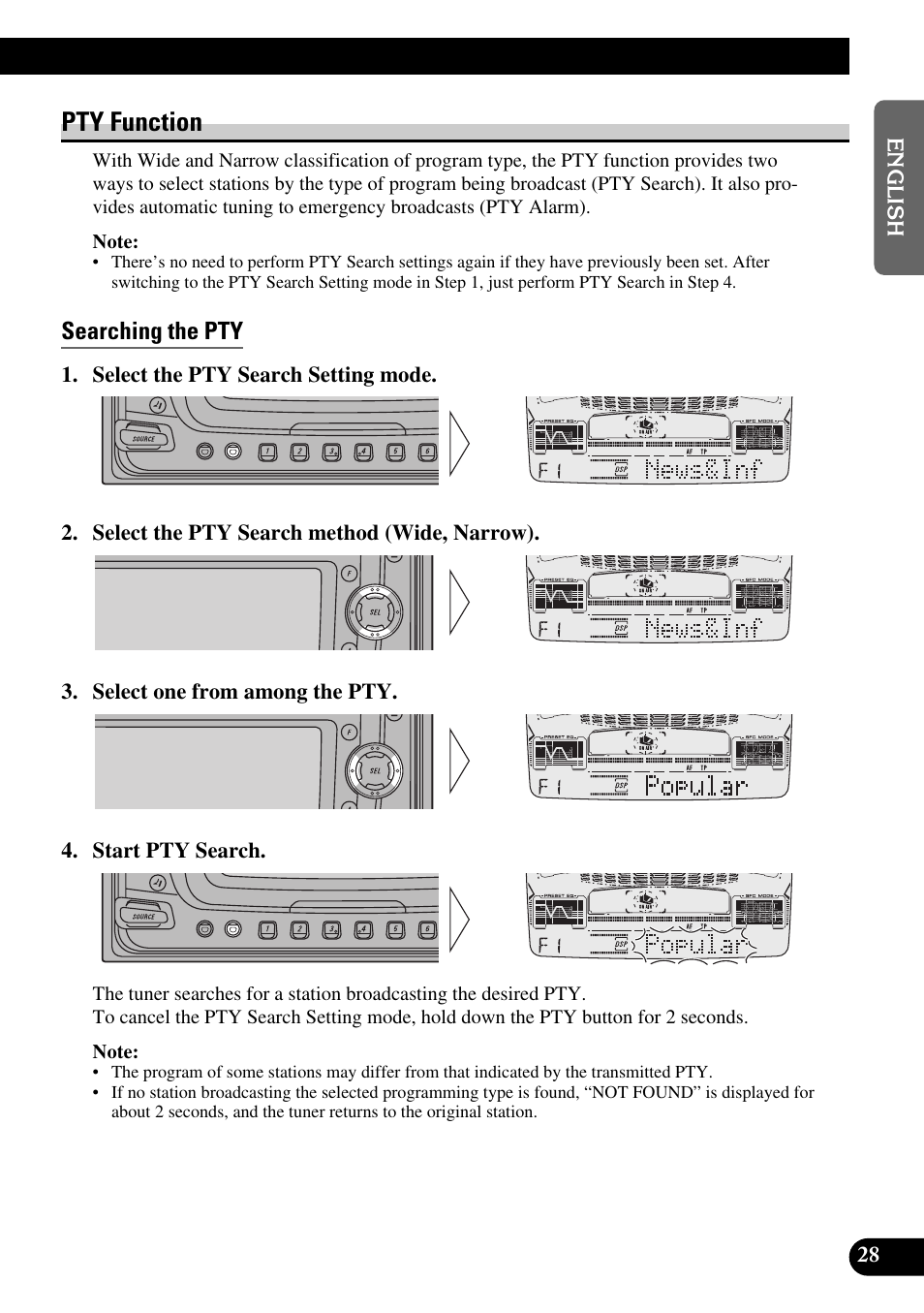 Pty function, Searching the pty, News program interruption setting (news) | Pty alarm, Canceling announcements, Pty list, A title (english) | Pioneer FH-P6600R User Manual | Page 29 / 188