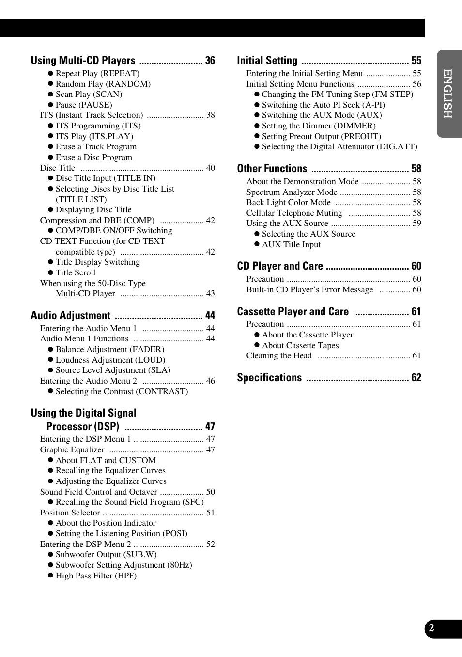 Using multi-cd players, Audio adjustment, Using the digital signal processor (dsp) | Initial setting, Other functions, Cd player and care, Cassette player and care | Pioneer FH-P6600R User Manual | Page 3 / 188