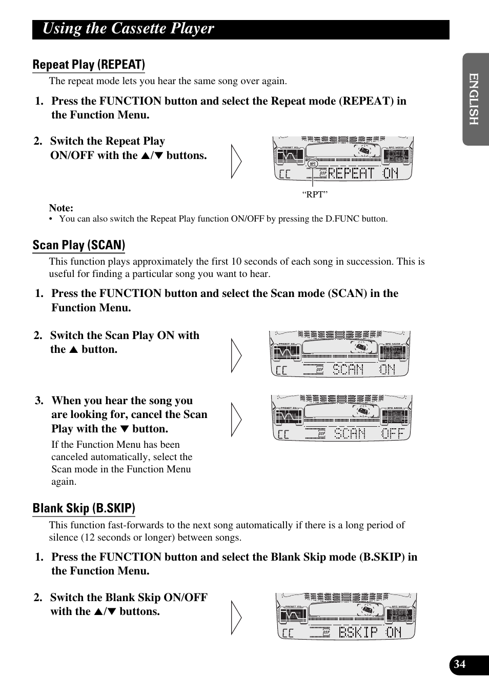 Using the cassette player, Repeat play (repeat), Scan play (scan) | Blank skip (b.skip), Radio intercept (r.i), Dolby b nr (nr) | Pioneer FH-P6600R User Manual | Page 35 / 188