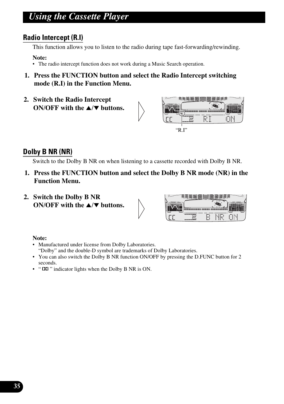 Using the cassette player, Radio intercept (r.i), Dolby b nr (nr) | Pioneer FH-P6600R User Manual | Page 36 / 188