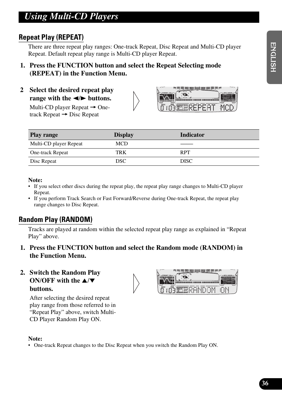 Using multi-cd players, Repeat play (repeat), Random play (random) | Scan play (scan), Pause (pause) | Pioneer FH-P6600R User Manual | Page 37 / 188