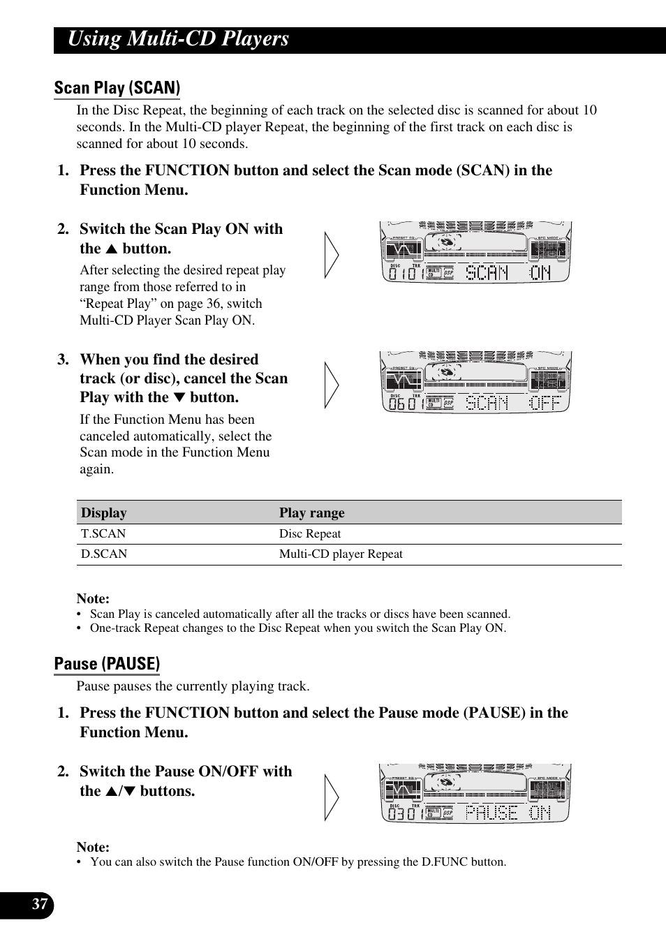 Using multi-cd players, Scan play (scan), Pause (pause) | Pioneer FH-P6600R User Manual | Page 38 / 188