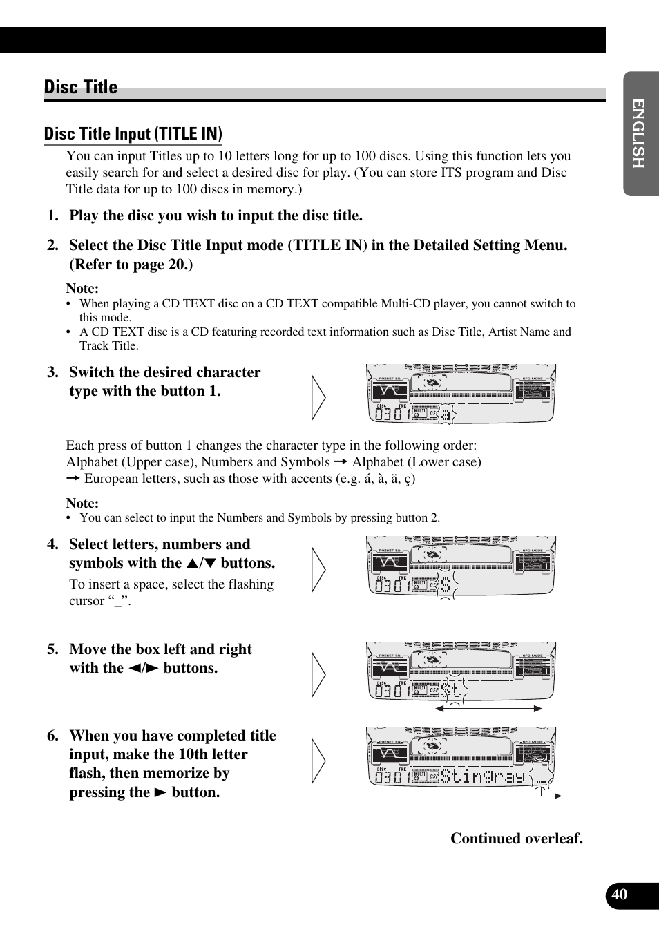 Disc title, Disc title input (title in), Selecting discs by disc title list (title list) | Displaying disc title | Pioneer FH-P6600R User Manual | Page 41 / 188