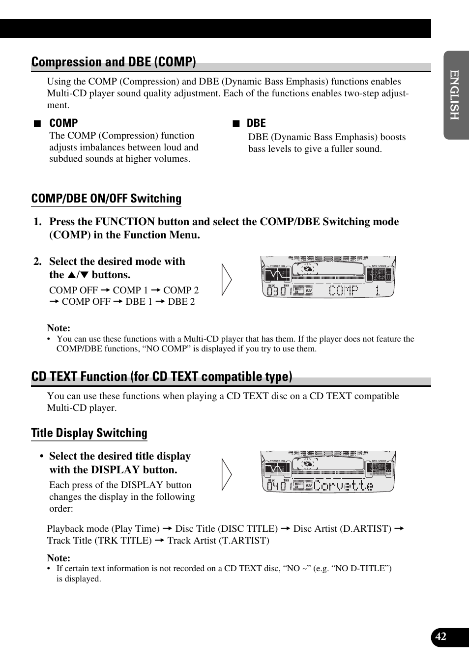 Compression and dbe (comp), Comp/dbe on/off switching, Cd text function (for cd text | Compatible type), Title display switching, Title scroll, Cd text function (for cd text compatible type) | Pioneer FH-P6600R User Manual | Page 43 / 188