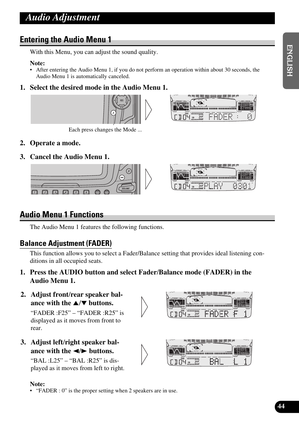 Audio adjustment, Entering the audio menu 1 audio menu 1 functions, Balance adjustment (fader) | Loudness adjustment (loud), Source level adjustment (sla), Entering the audio menu 1, Audio menu 1 functions | Pioneer FH-P6600R User Manual | Page 45 / 188