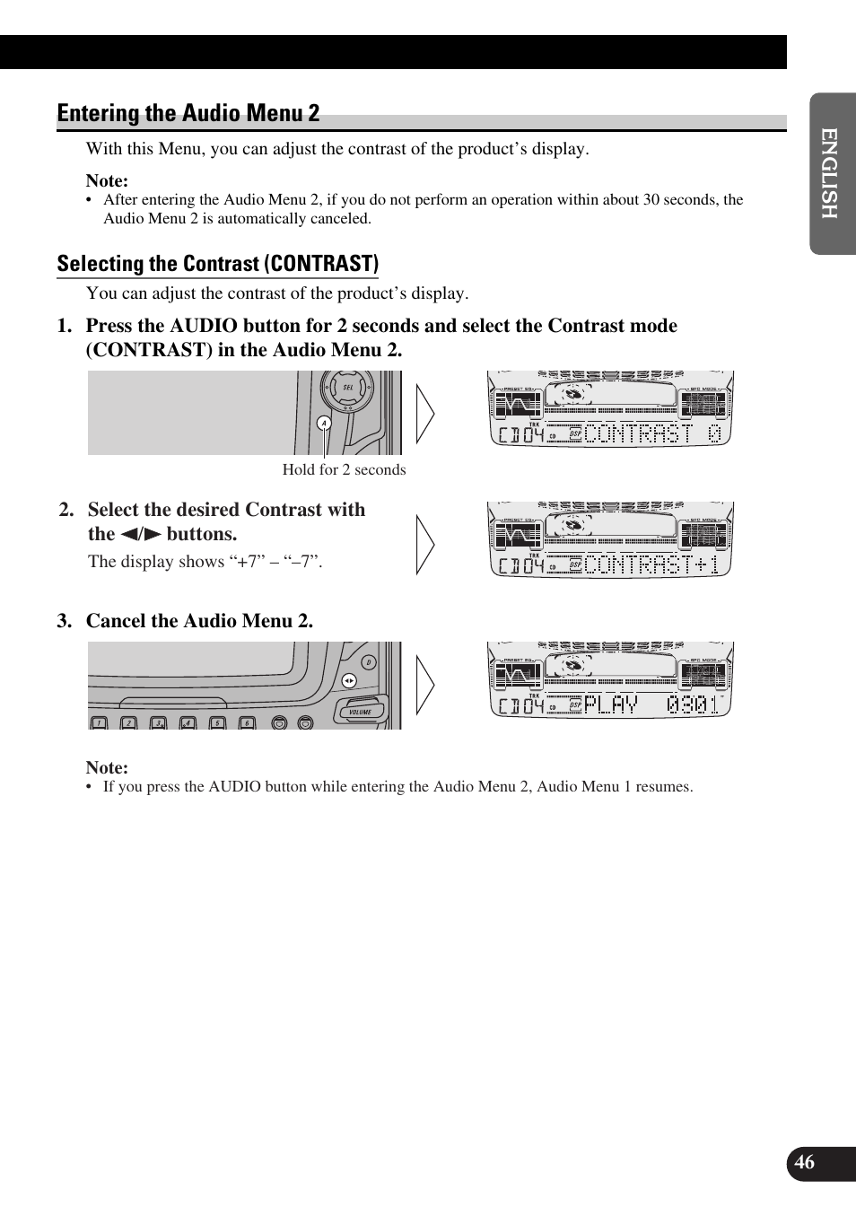 Entering the audio menu 2, Selecting the contrast (contrast) | Pioneer FH-P6600R User Manual | Page 47 / 188