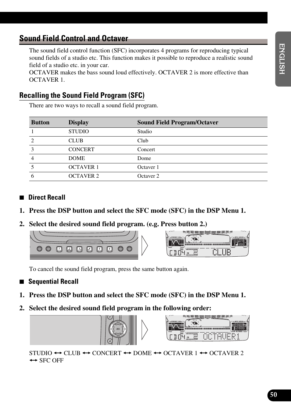 Sound field control and octaver, Recalling the sound field program (sfc) | Pioneer FH-P6600R User Manual | Page 51 / 188