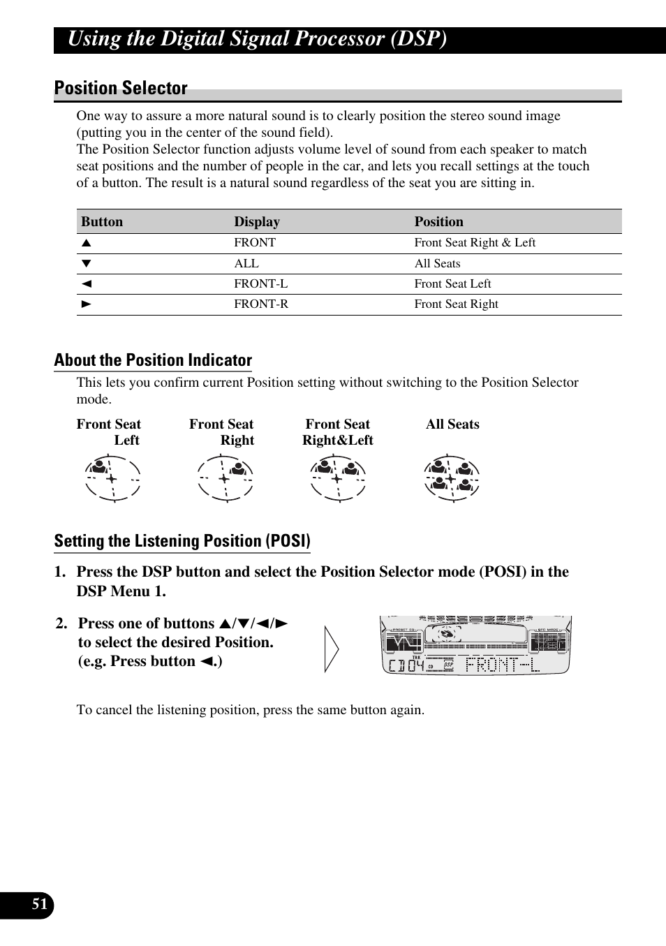 Position selector, About the position indicator, Setting the listening position (posi) | Using the digital signal processor (dsp) | Pioneer FH-P6600R User Manual | Page 52 / 188