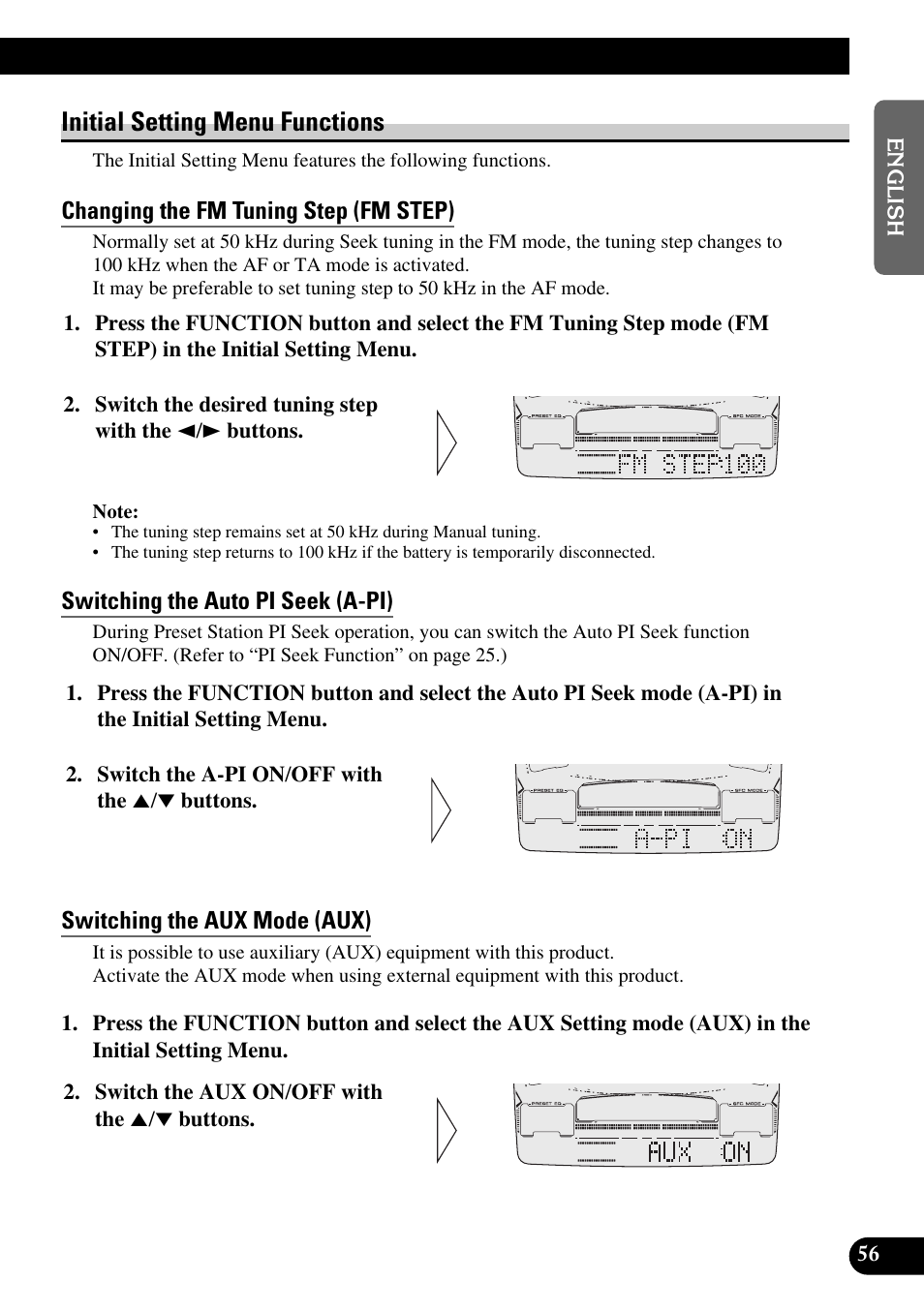 Initial setting menu functions, Changing the fm tuning step (fm step), Switching the auto pi seek (a-pi) | Switching the aux mode (aux), Setting the dimmer (dimmer), Setting preout output (preout), Selecting the digital attenuator (dig.att) | Pioneer FH-P6600R User Manual | Page 57 / 188