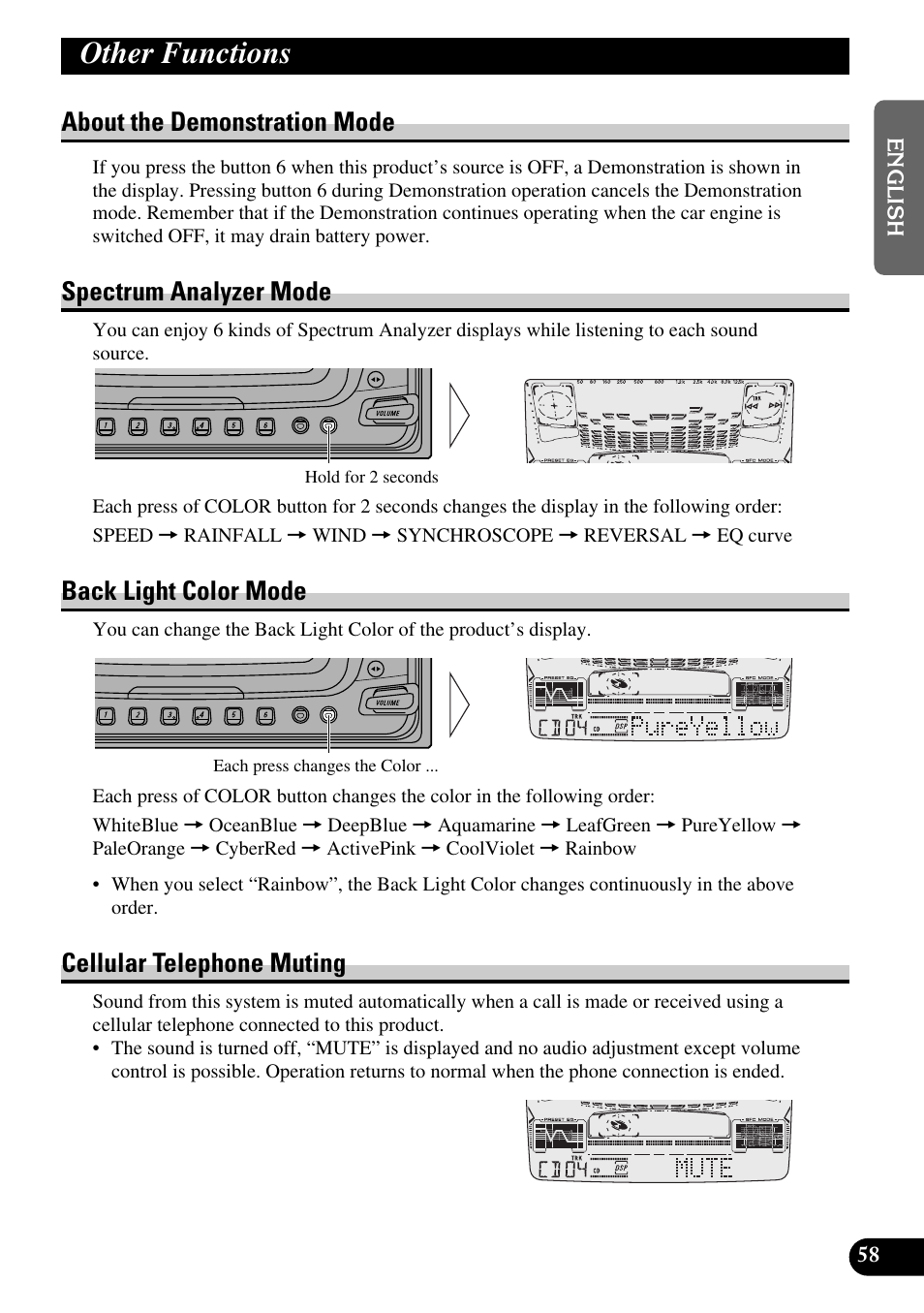 Other functions, About the demonstration mode, Spectrum analyzer mode | Back light color mode, Cellular telephone muting | Pioneer FH-P6600R User Manual | Page 59 / 188