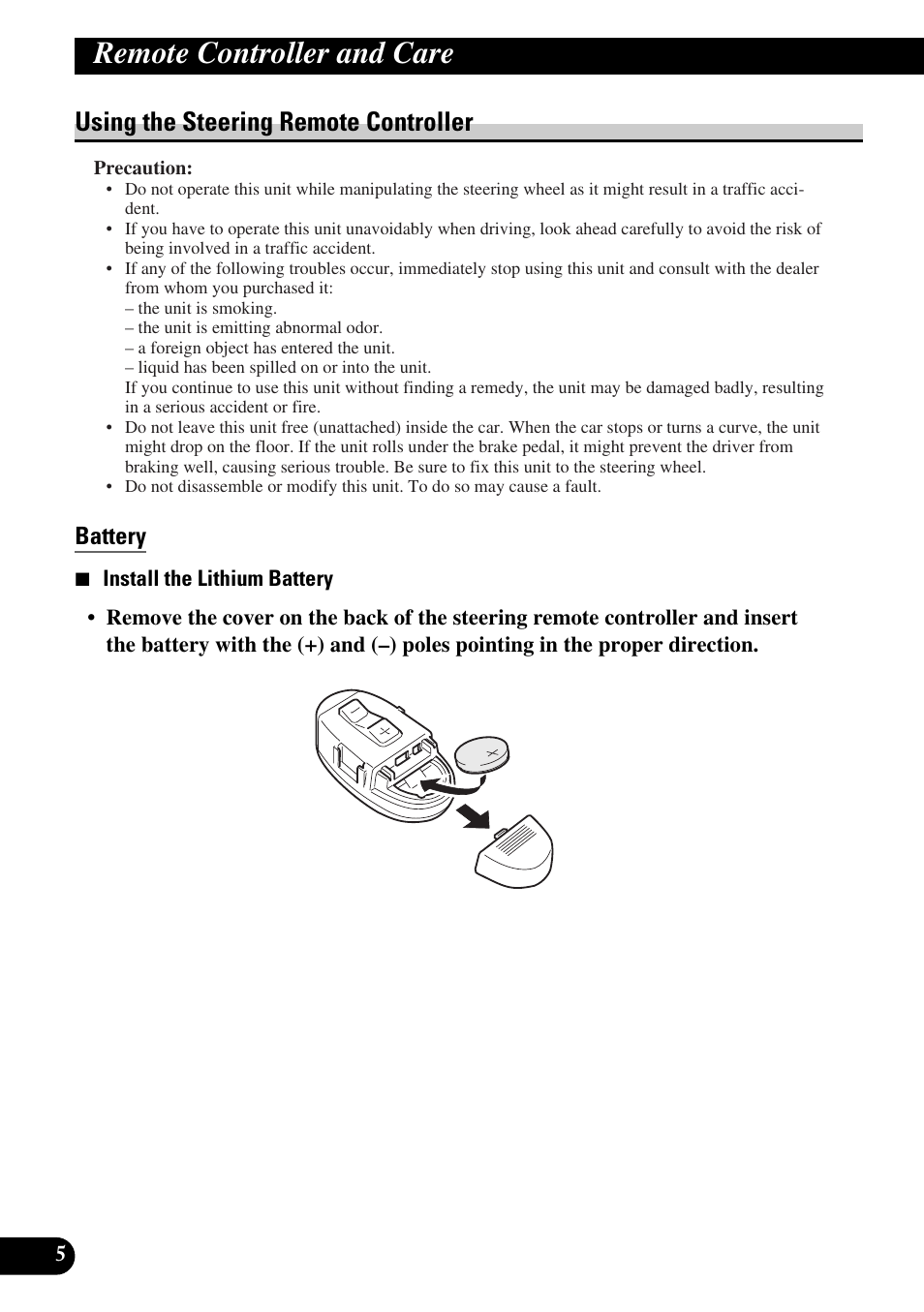 Remote controller and care, Using the steering remote controller, Battery | Pioneer FH-P6600R User Manual | Page 6 / 188