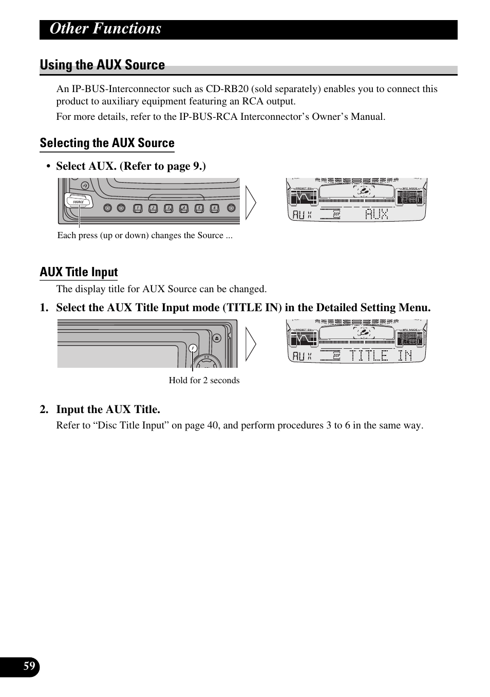 Using the aux source, Selecting the aux source, Aux title input | Other functions | Pioneer FH-P6600R User Manual | Page 60 / 188