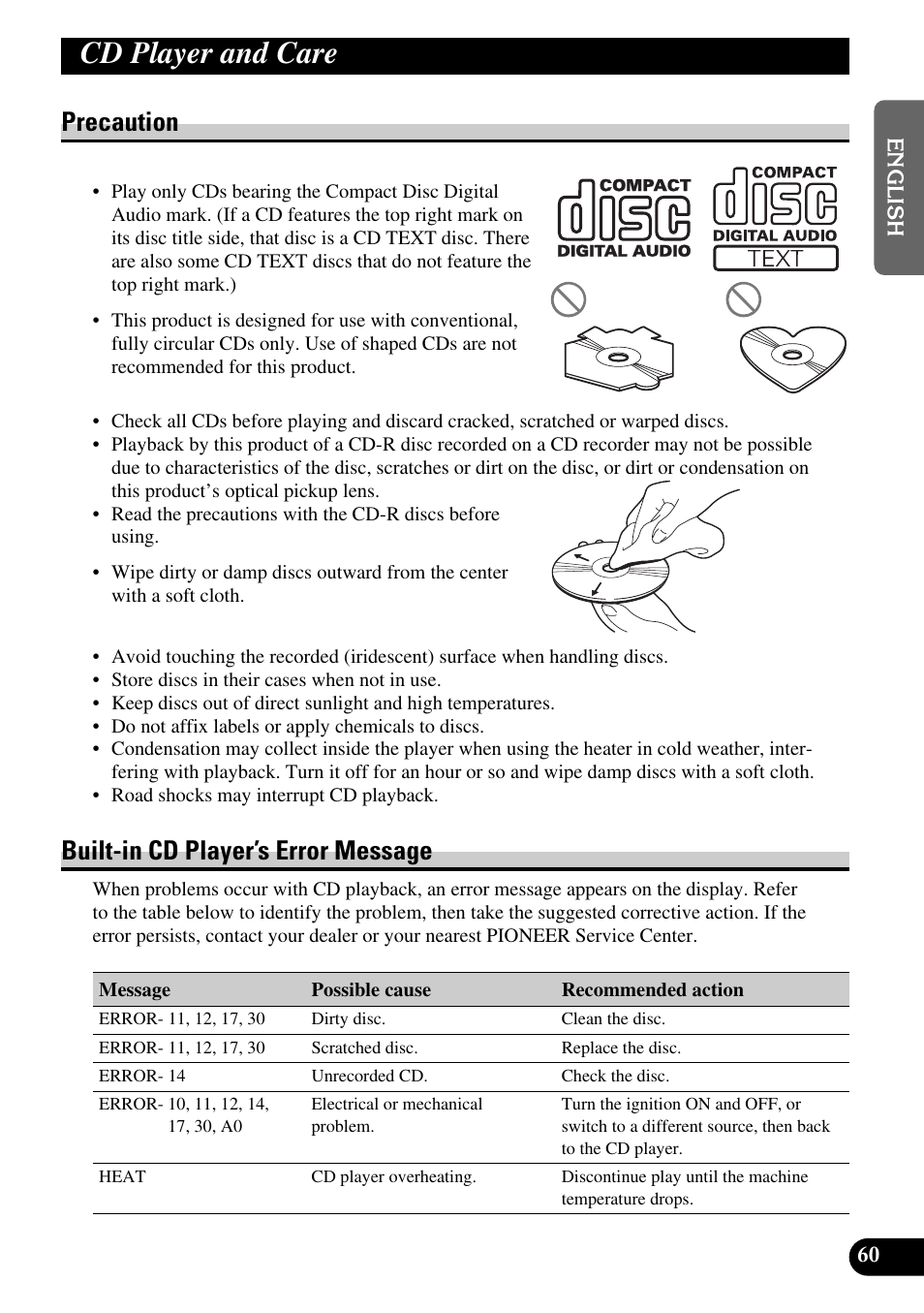 Cd player and care, Precaution built-in cd player’s error message, A title (english) | Precaution, Built-in cd player’s error message | Pioneer FH-P6600R User Manual | Page 61 / 188