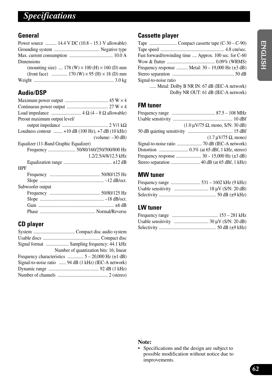 Specifications | Pioneer FH-P6600R User Manual | Page 63 / 188