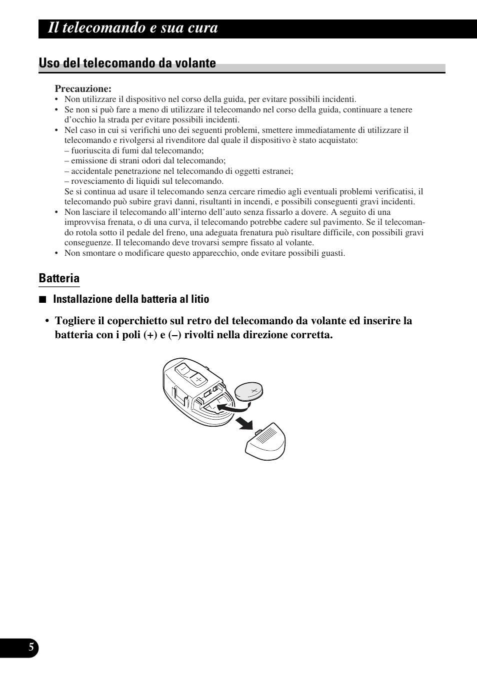 Il telecomando e sua cura, Uso del telecomando da volante, Batteria | Pioneer FH-P6600R User Manual | Page 68 / 188