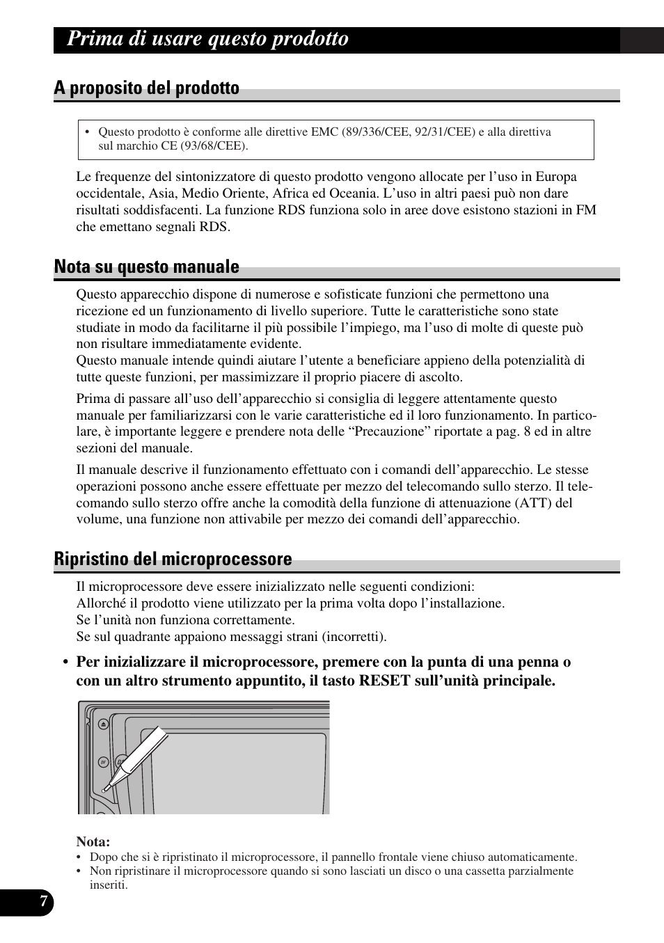 Prima di usare questo prodotto, A proposito del prodotto, Nota su questo manuale | Ripristino del microprocessore | Pioneer FH-P6600R User Manual | Page 70 / 188
