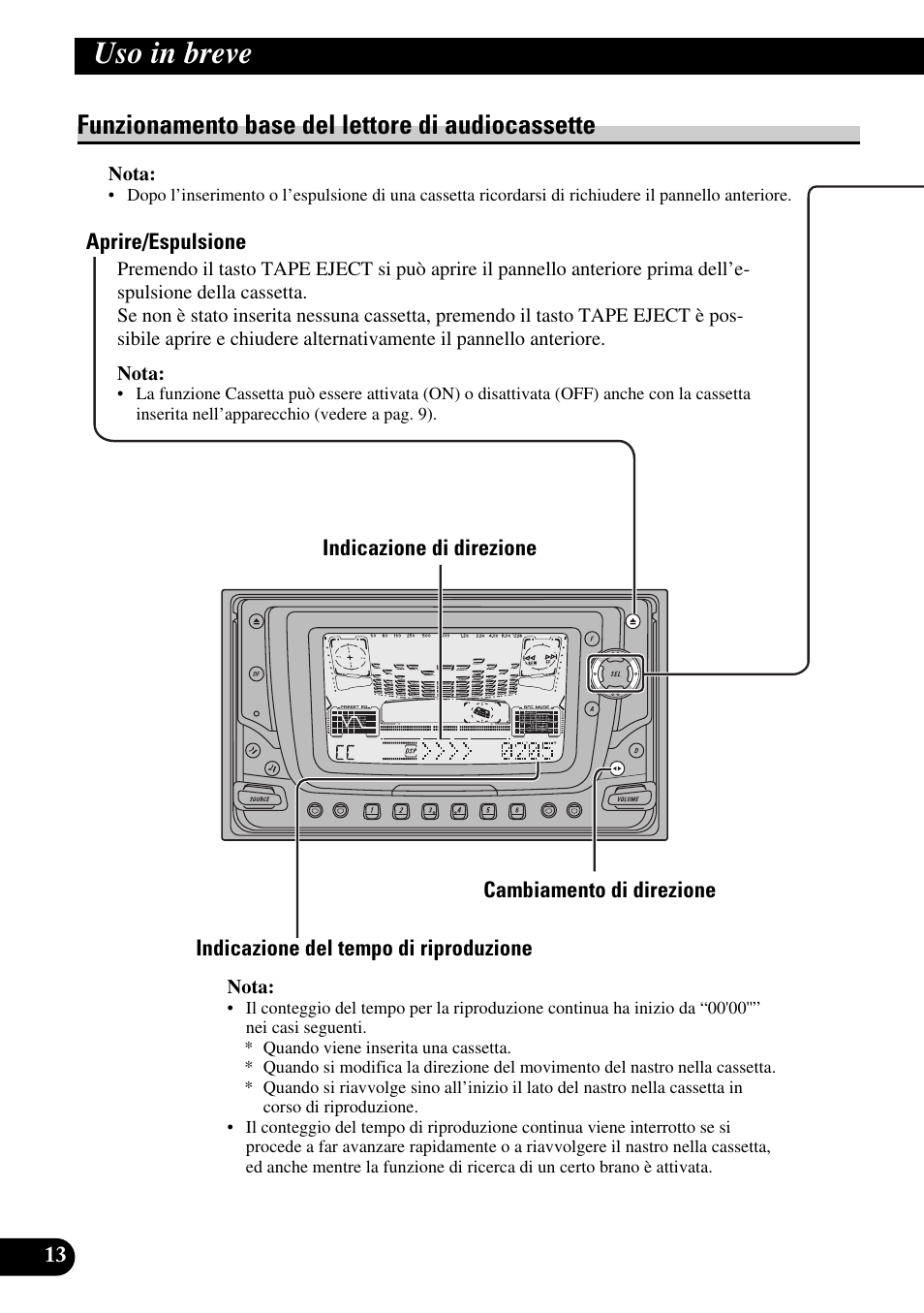 Funzionamento base del lettore, Di audiocassette, Aprire/espulsione | Cambiamento di direzione, Fessura di inserimento della cassetta, Uso in breve, Funzionamento base del lettore di audiocassette | Pioneer FH-P6600R User Manual | Page 76 / 188