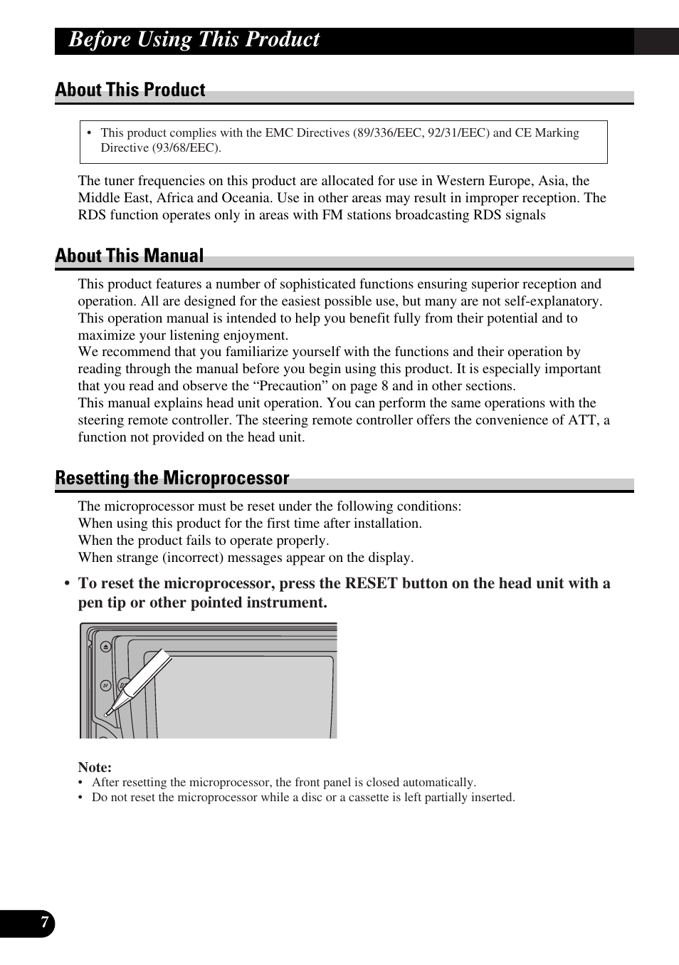 Before using this product, About this product, About this manual | Resetting the microprocessor | Pioneer FH-P6600R User Manual | Page 8 / 188