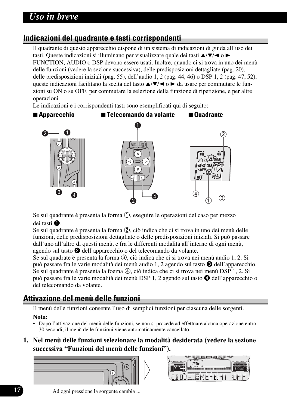 Indicazioni del quadrante e tasti, Corrispondenti, Attivazione del menù delle funzioni | Uso in breve, Indicazioni del quadrante e tasti corrispondenti | Pioneer FH-P6600R User Manual | Page 80 / 188