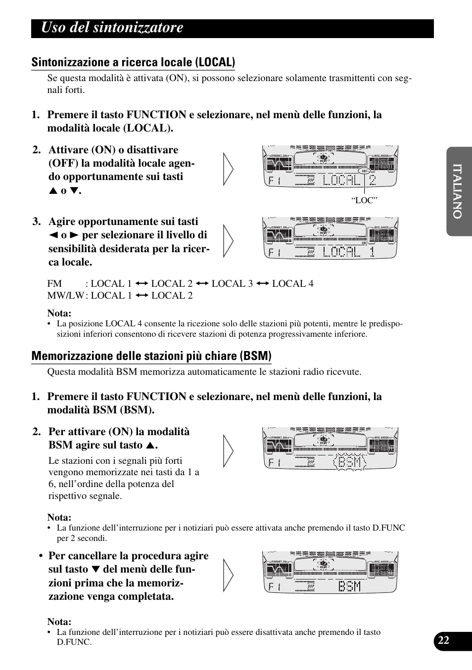 Uso del sintonizzatore, Sintonizzazione a ricerca locale (local), Memorizzazione delle stazioni più chiare (bsm) | Pioneer FH-P6600R User Manual | Page 85 / 188