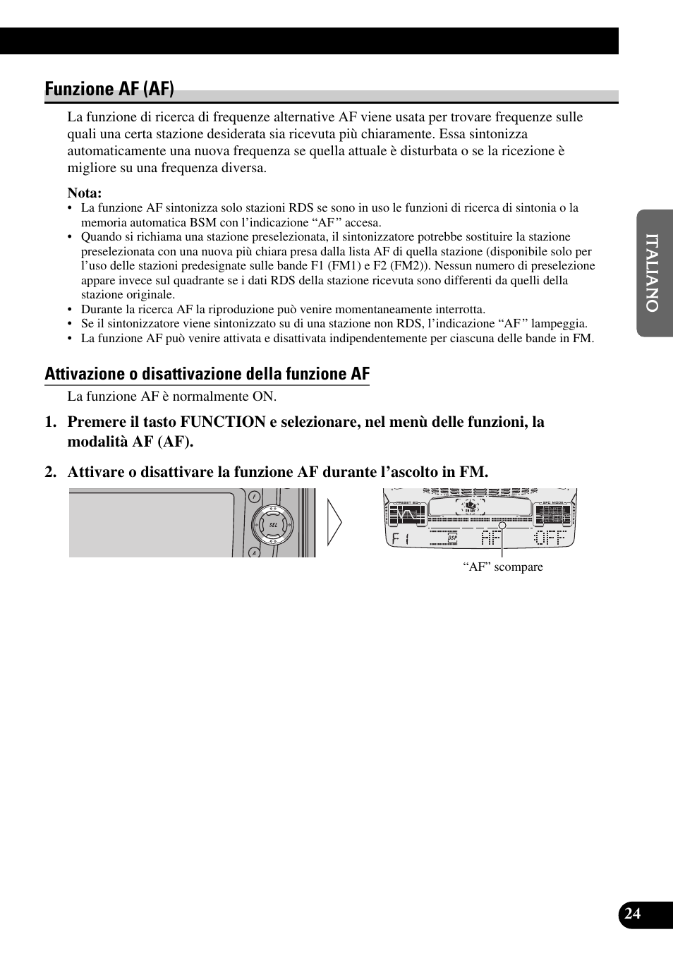 Funzione af (af), Attivazione o disattivazione della funzione af | Pioneer FH-P6600R User Manual | Page 87 / 188