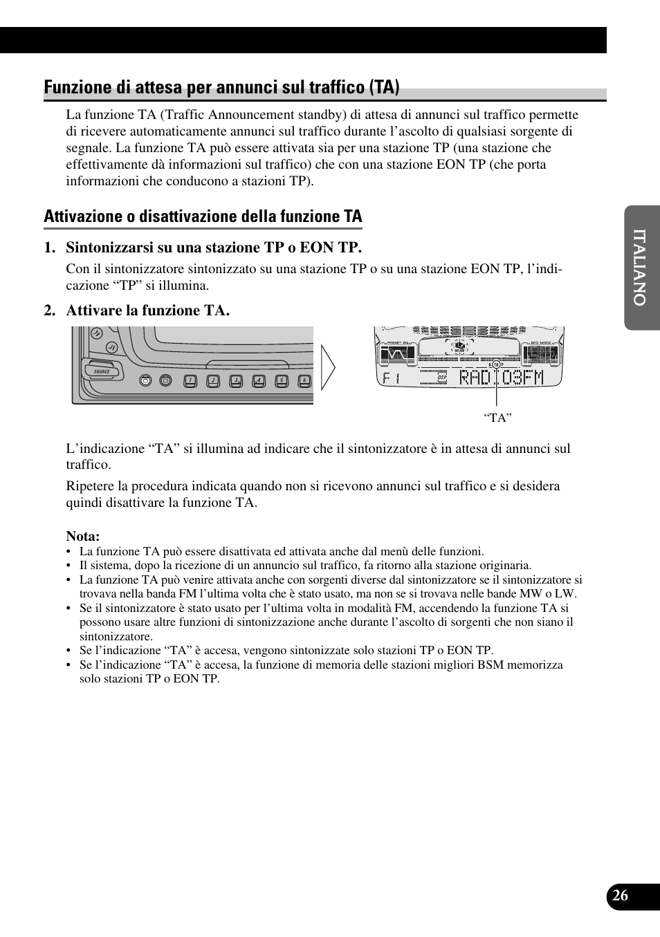 Funzione di attesa per annunci sul traffico, Attivazione o disattivazione della funzione ta, Disattivazione degli annunci sul traffico | Regolazione del volume della funzione ta, Funzione di allarme tp, A title (english), Funzione di attesa per annunci sul traffico (ta) | Pioneer FH-P6600R User Manual | Page 89 / 188
