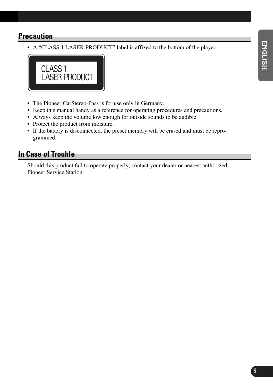 Class 1 laser product, Precaution | Pioneer FH-P6600R User Manual | Page 9 / 188