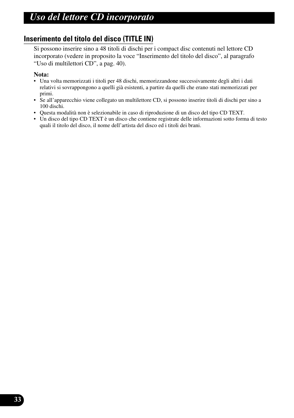 Uso del lettore cd incorporato, Inserimento del titolo del disco (title in) | Pioneer FH-P6600R User Manual | Page 96 / 188