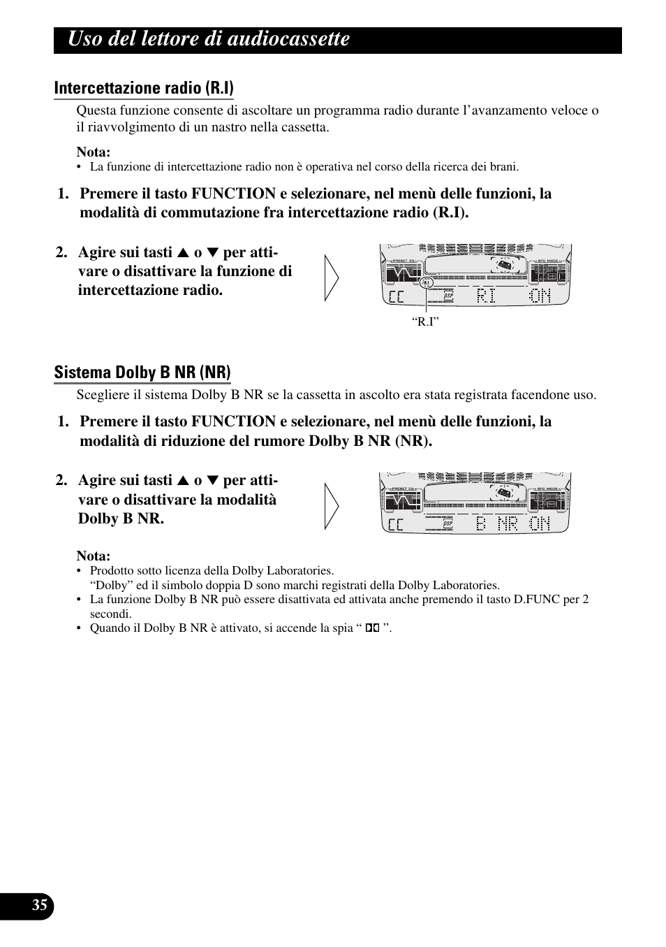 Uso del lettore di audiocassette, Intercettazione radio (r.i), Sistema dolby b nr (nr) | Pioneer FH-P6600R User Manual | Page 98 / 188