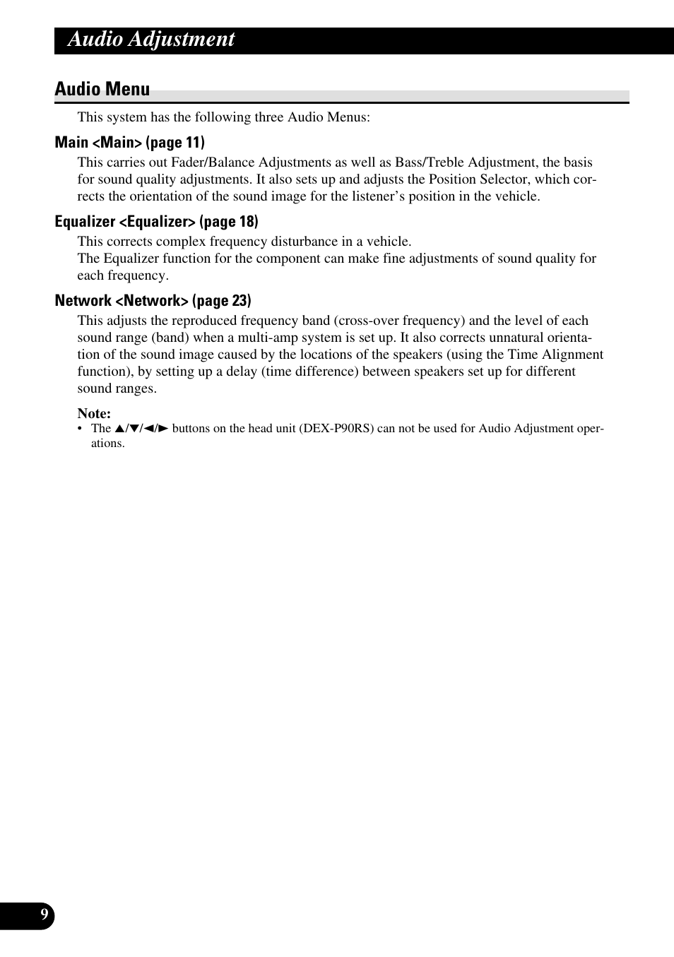 Audio adjustment, Audio menu | Pioneer DEQ-P90 User Manual | Page 10 / 58