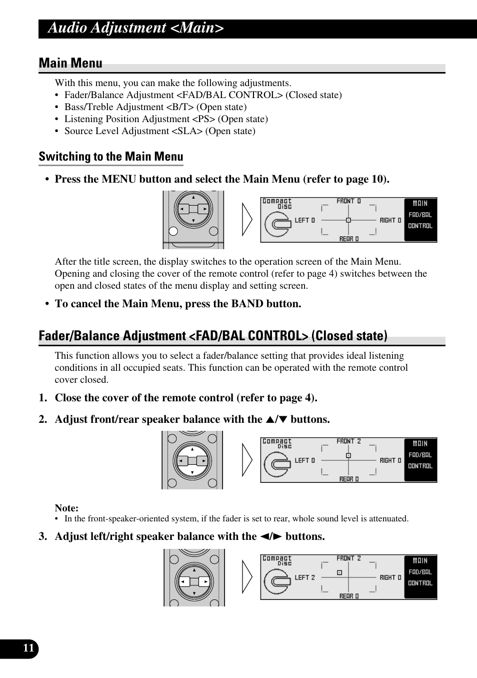 Audio adjustment <main, Main menu, Switching to the main menu | Fader/balance adjustment | Pioneer DEQ-P90 User Manual | Page 12 / 58