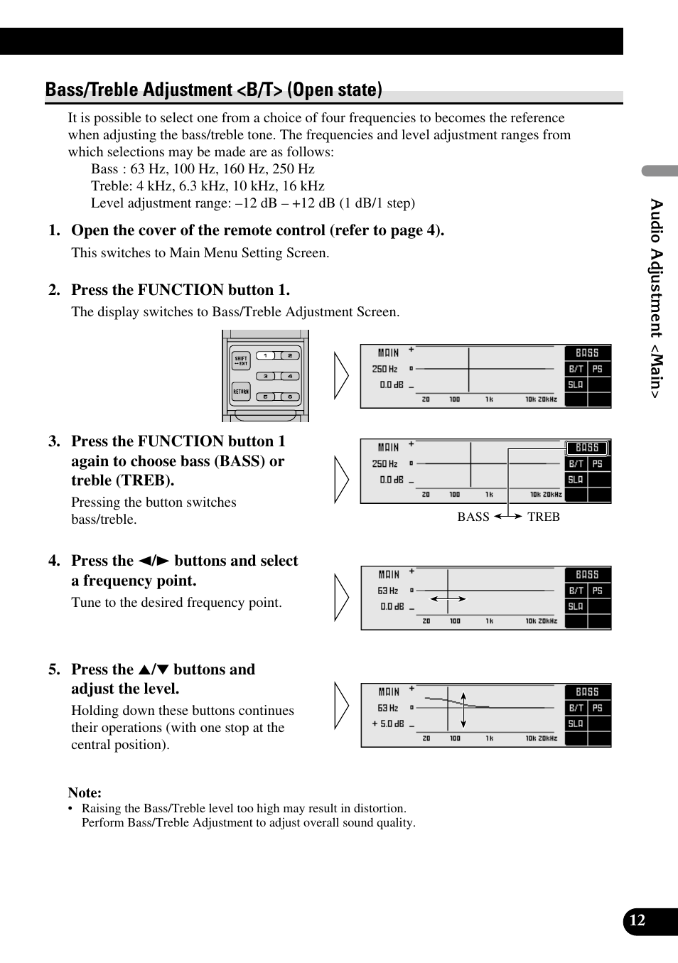 Bass/treble adjustment, Bass/treble adjustment <b/t> (open state) | Pioneer DEQ-P90 User Manual | Page 13 / 58