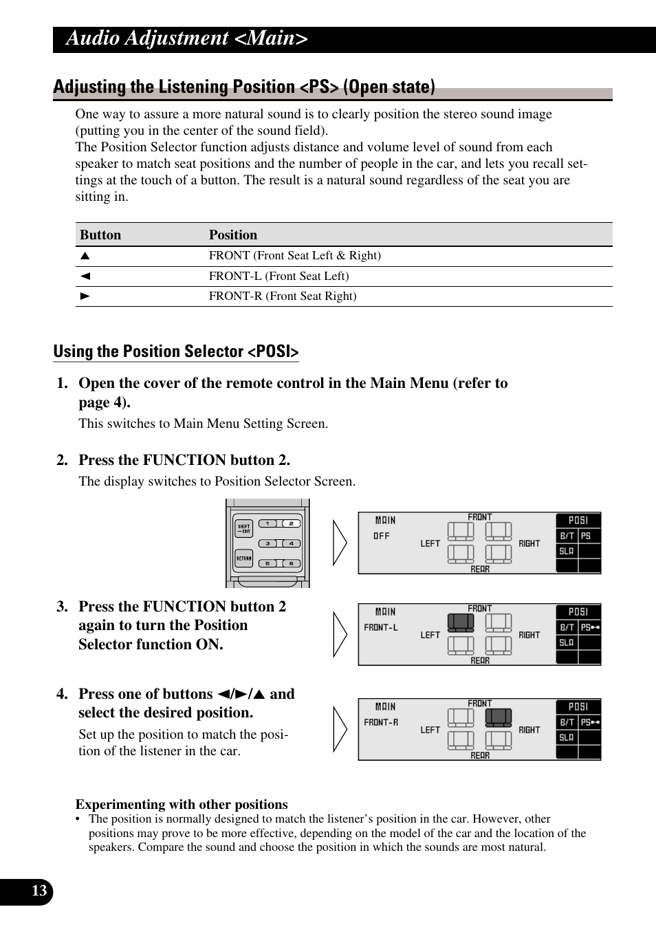 Adjusting the listening position, Using the position selector, Audio adjustment <main | Adjusting the listening position <ps> (open state), Using the position selector <posi | Pioneer DEQ-P90 User Manual | Page 14 / 58
