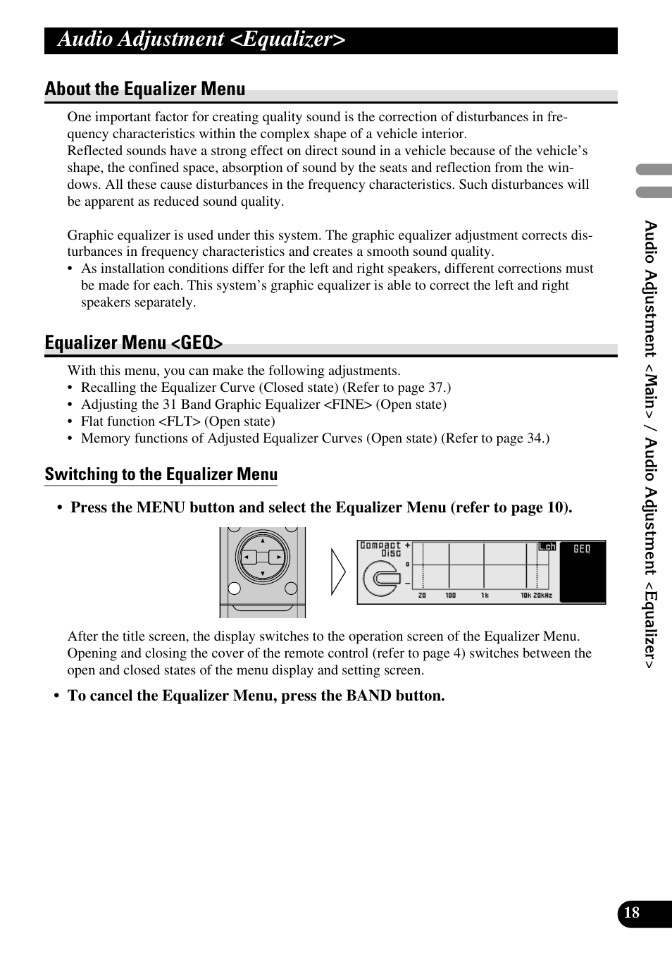 Audio adjustment <equalizer, About the equalizer menu equalizer menu, Switching to the equalizer menu | About the equalizer menu, Equalizer menu <geq | Pioneer DEQ-P90 User Manual | Page 19 / 58