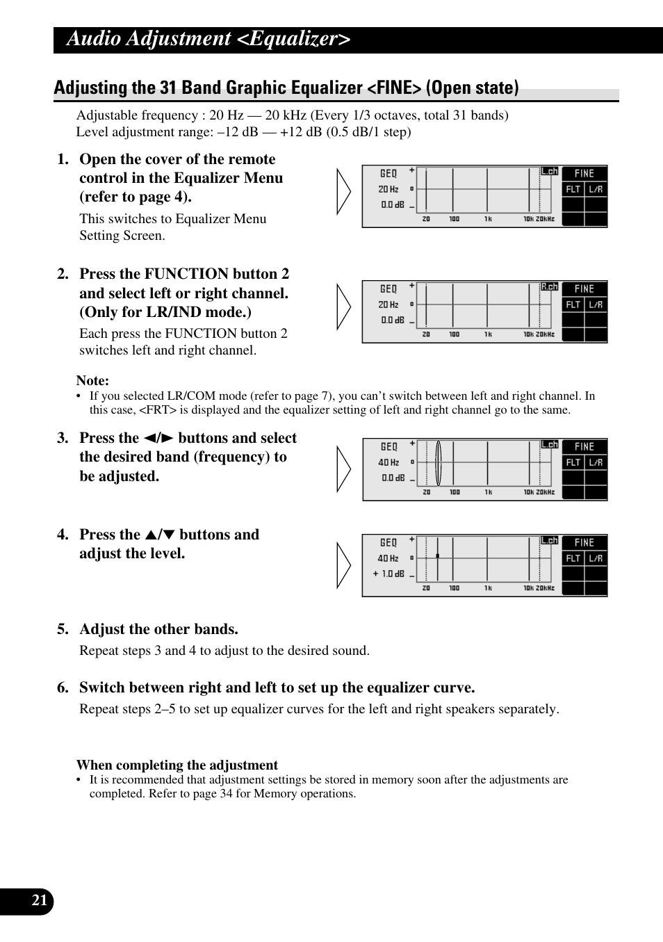Adjusting the 31 band graphic equalizer, Audio adjustment <equalizer | Pioneer DEQ-P90 User Manual | Page 22 / 58
