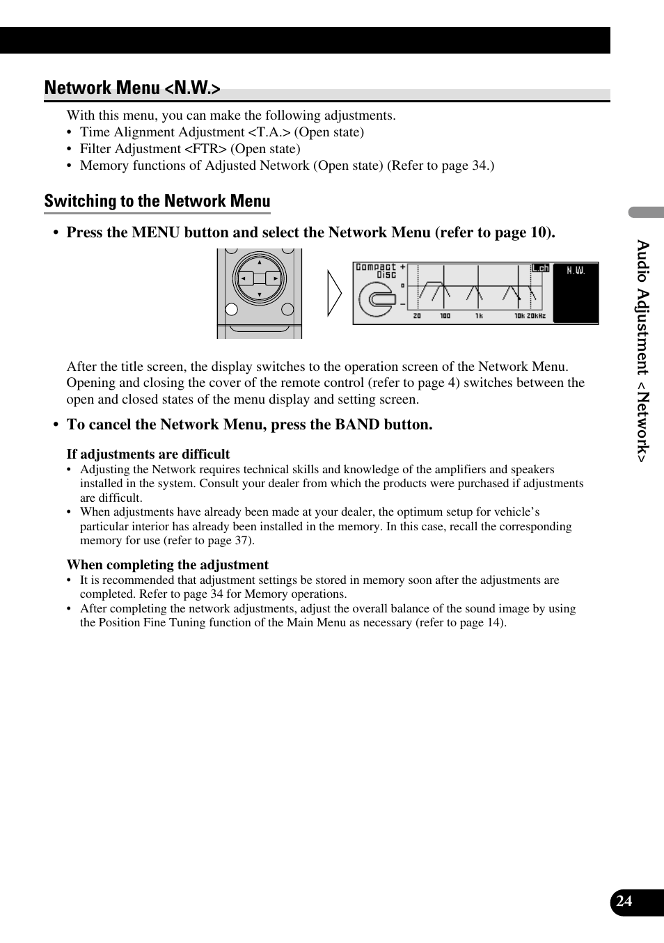 Network menu, Switching to the network menu, Network menu <n.w | Pioneer DEQ-P90 User Manual | Page 25 / 58