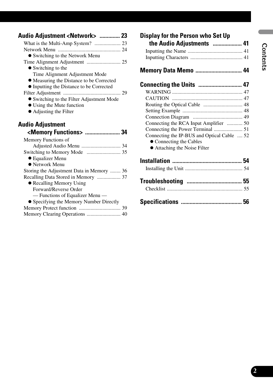 Contents audio adjustment <network, Installation, Troubleshooting | Specifications 2 | Pioneer DEQ-P90 User Manual | Page 3 / 58
