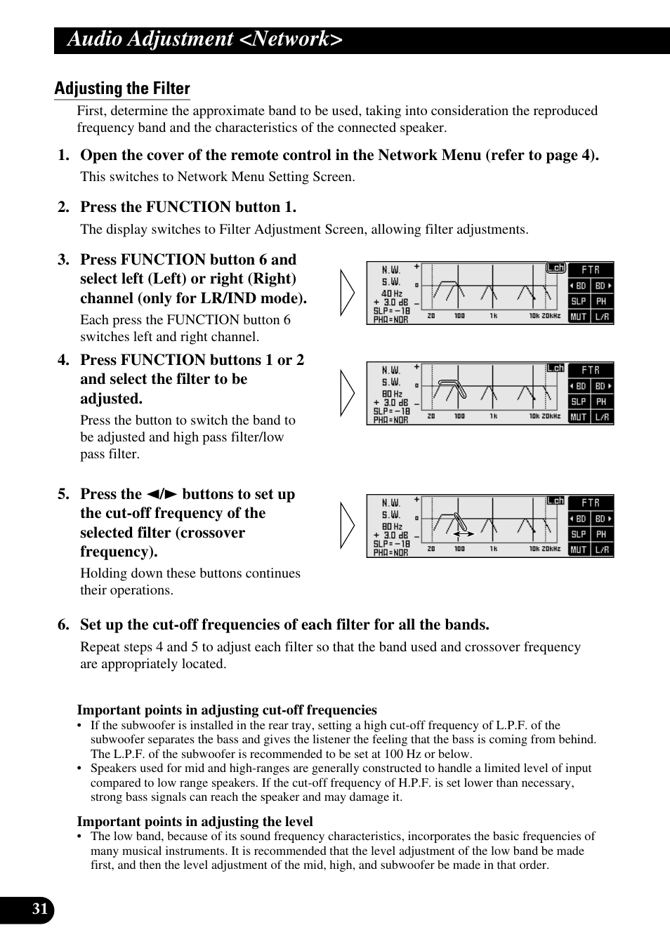 Adjusting the filter, Audio adjustment <network | Pioneer DEQ-P90 User Manual | Page 32 / 58