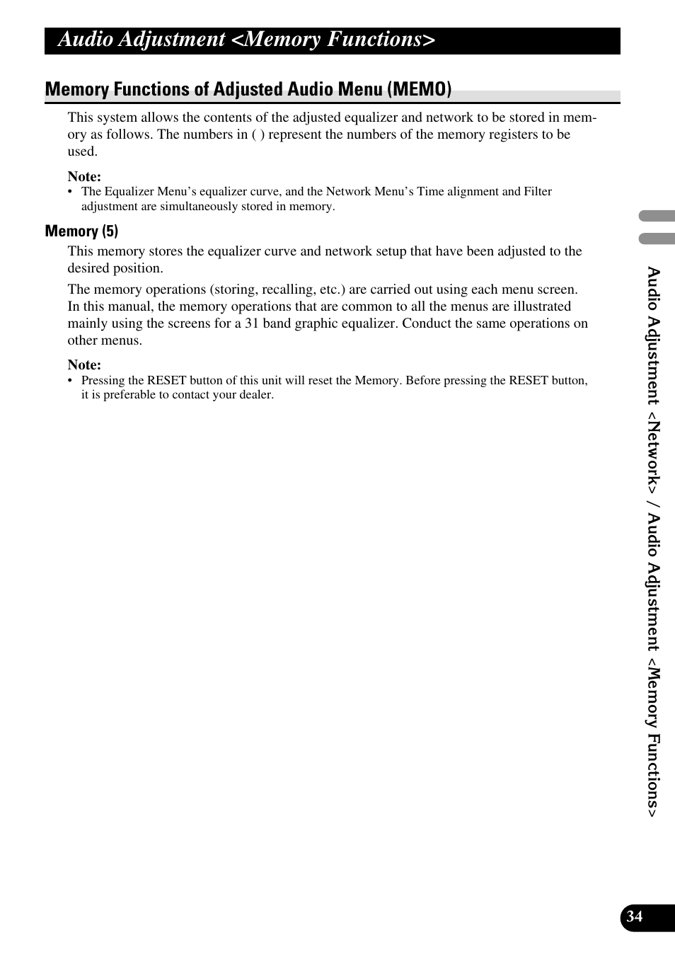 Audio adjustment, Memory functions, Memory functions of | Adjusted audio menu | Pioneer DEQ-P90 User Manual | Page 35 / 58