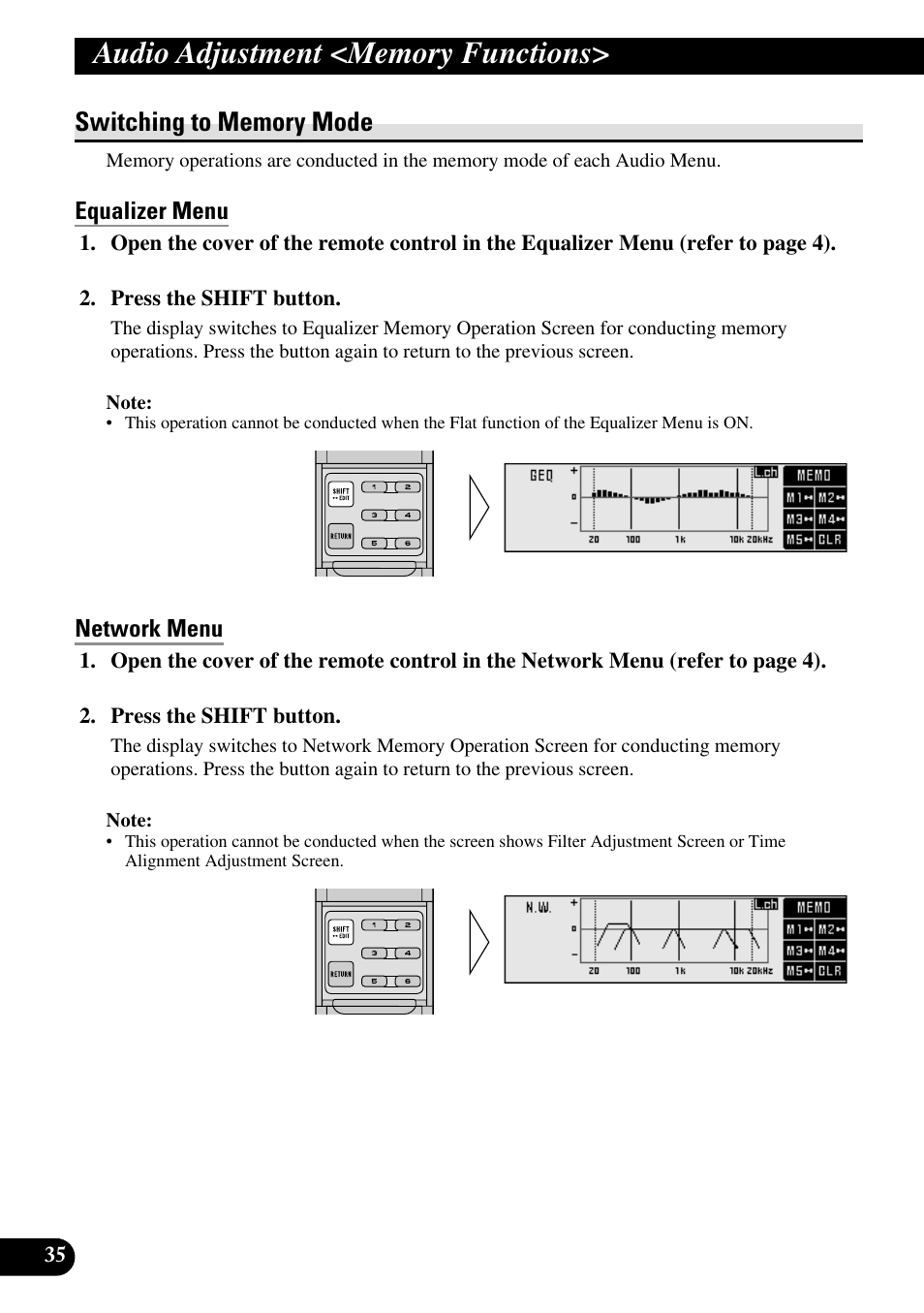 Switching to memory mode, Equalizer menu, Network menu | Storing the adjustment data in memory | Pioneer DEQ-P90 User Manual | Page 36 / 58
