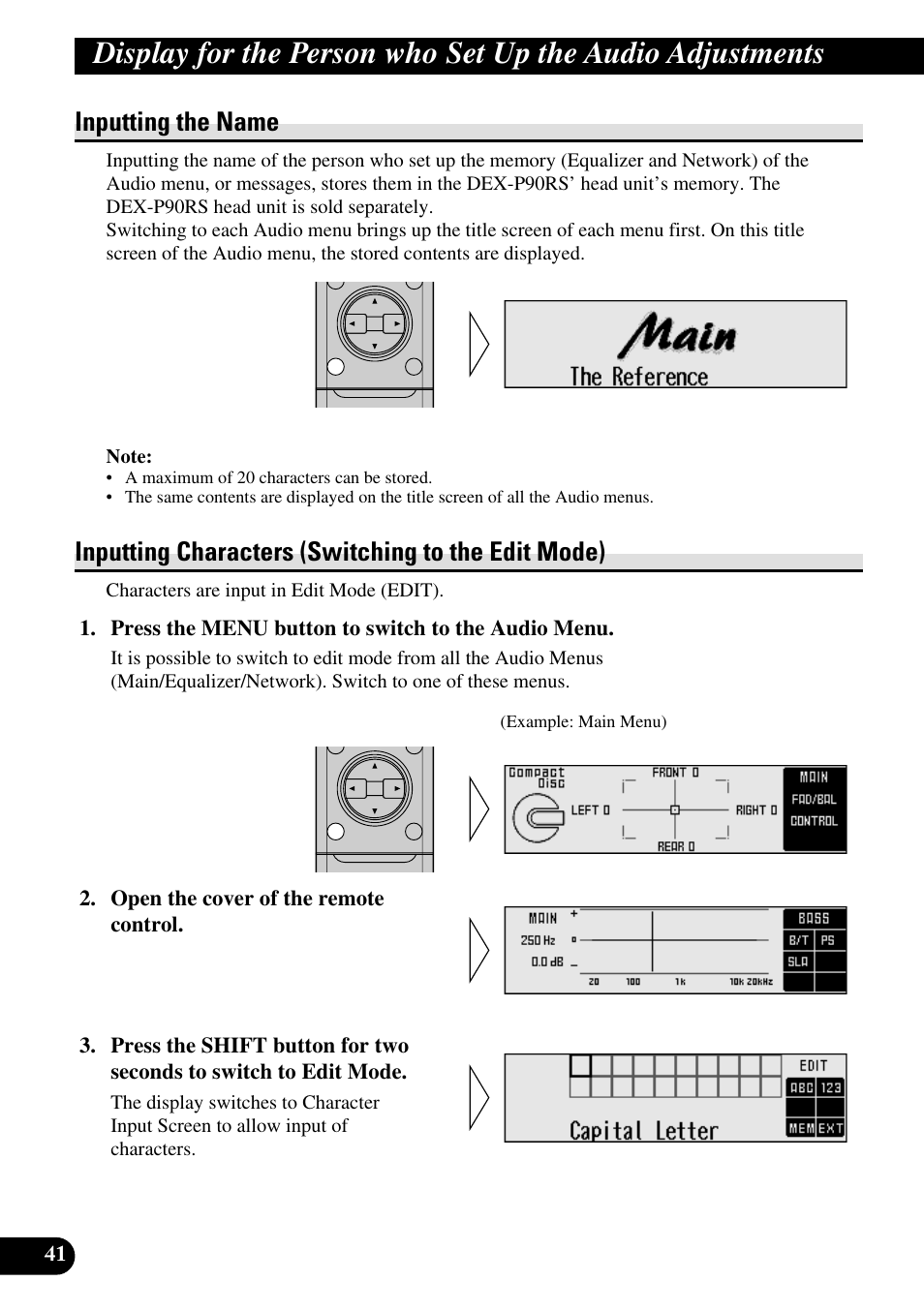 Display for the person who set up, The audio adjustments, Inputting the name inputting characters | Inputting the name, Inputting characters (switching to the edit mode) | Pioneer DEQ-P90 User Manual | Page 42 / 58