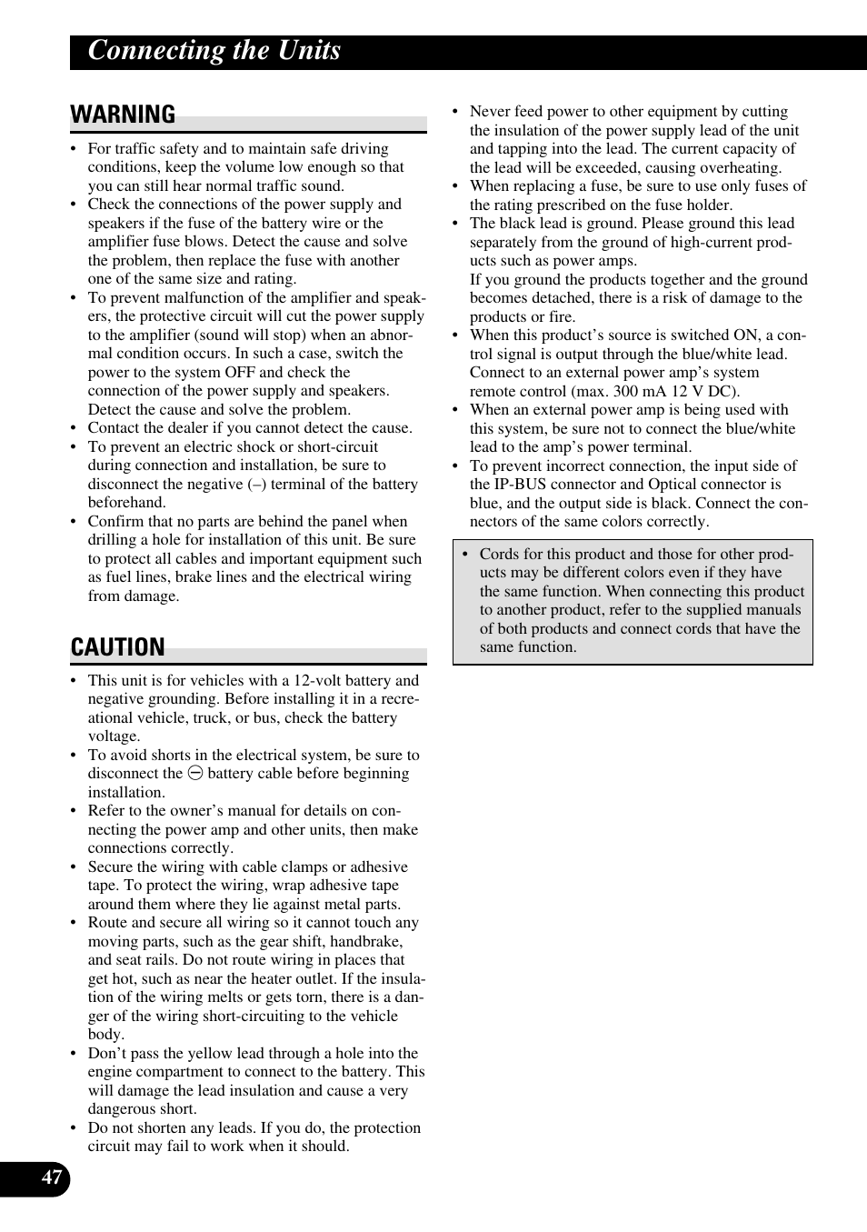 Connecting the units, Warning caution, Warning | Caution | Pioneer DEQ-P90 User Manual | Page 48 / 58