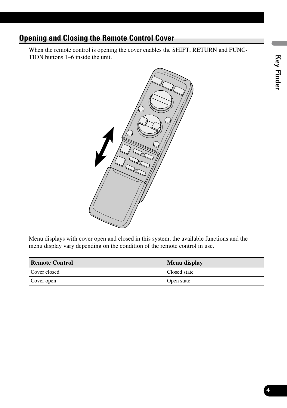 Opening and closing, The remote control cover, Opening and closing the remote control cover | Pioneer DEQ-P90 User Manual | Page 5 / 58