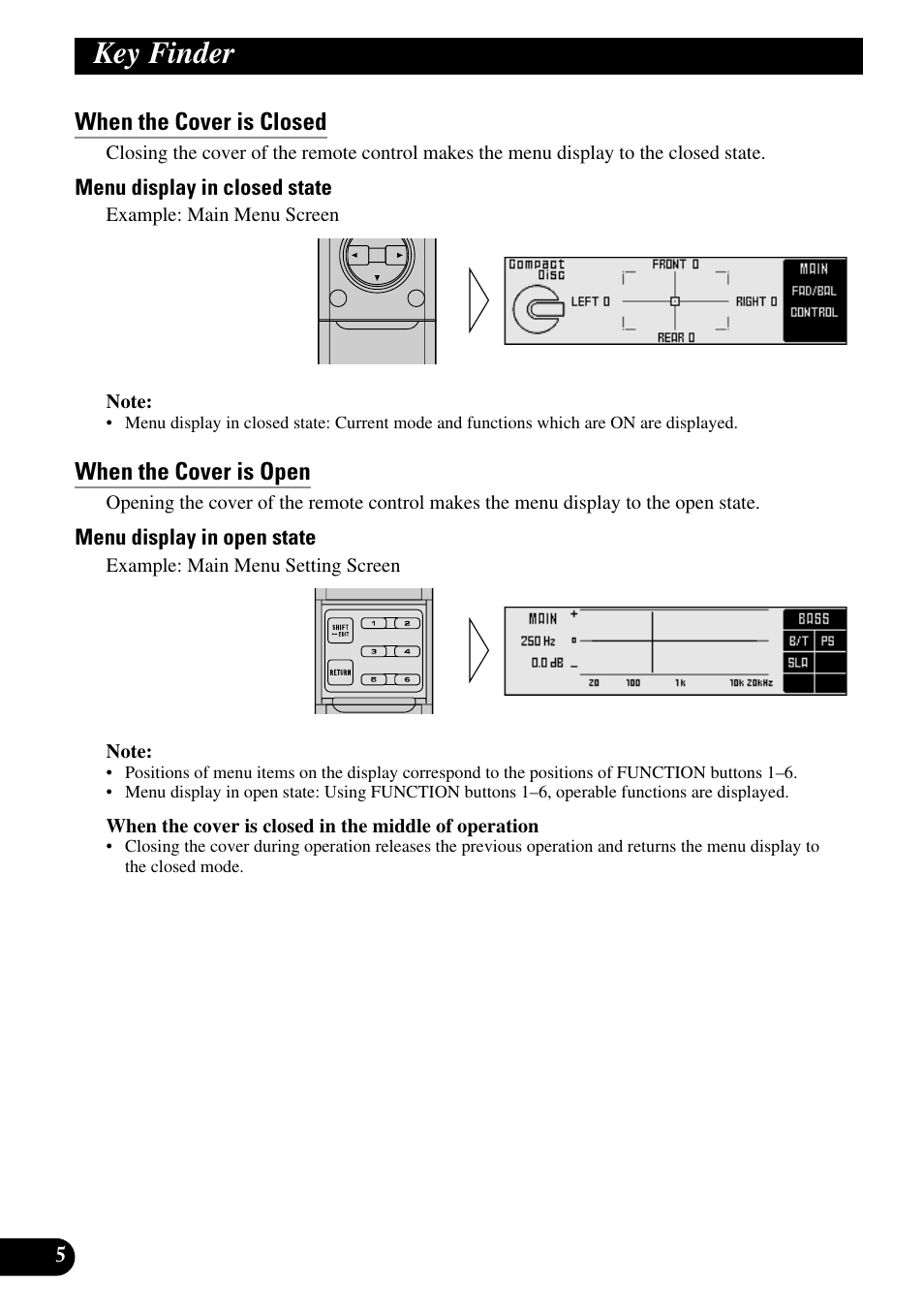 When the cover is closed, When the cover is open, Key finder | Pioneer DEQ-P90 User Manual | Page 6 / 58
