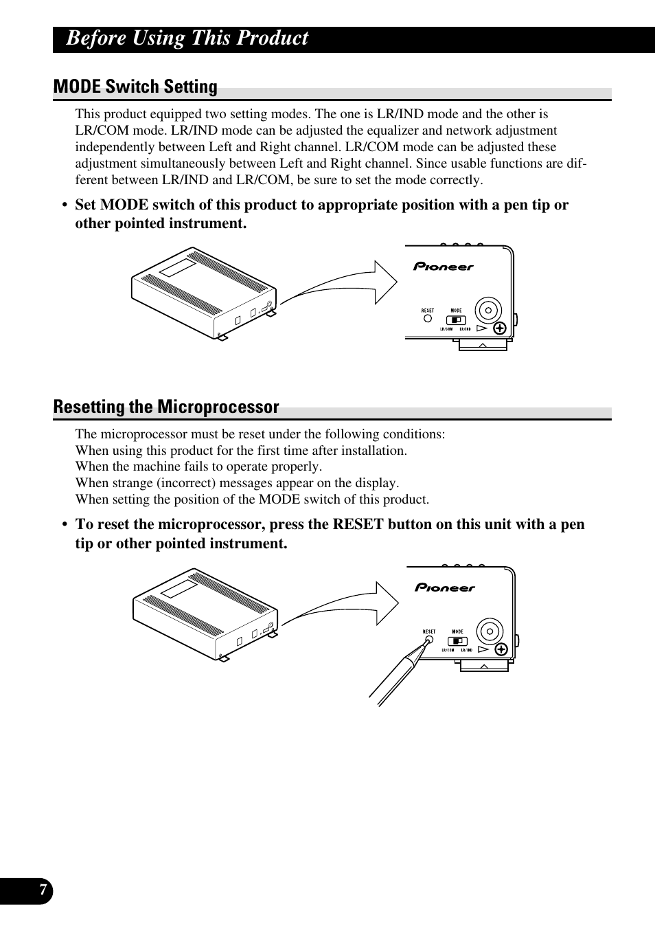 Mode switch setting resetting the microprocessor, Before using this product, Mode switch setting | Resetting the microprocessor | Pioneer DEQ-P90 User Manual | Page 8 / 58